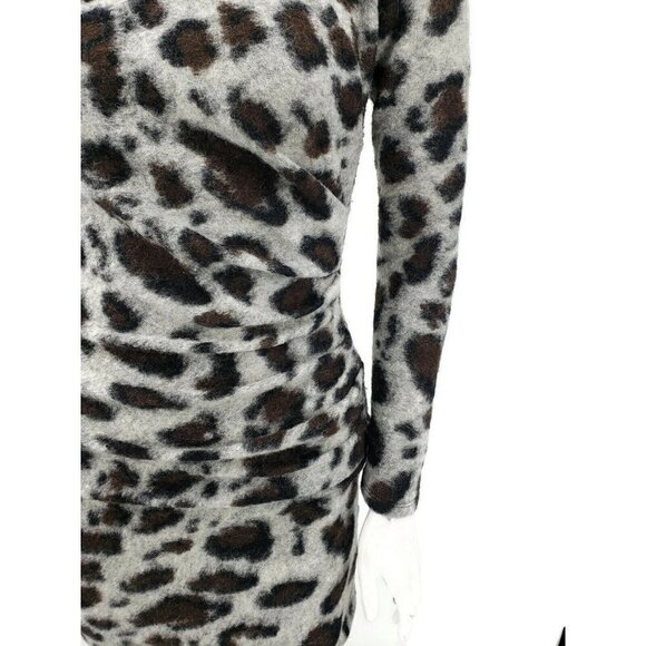 Sea Leopard Print Wool Dress Womens 2 Bodycon Long Sleeve Ruched - Picture 2 of 7